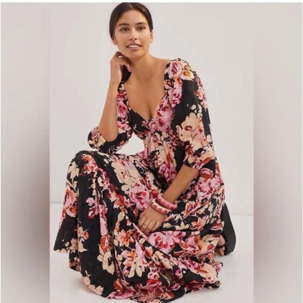 Anthropologie 100% Cotton Boho‎ Black Floral Pink Maxi Dress Balloon Sleeve
